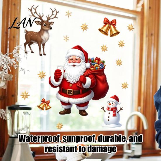 Festival Glass Clings Christmas Window Static Clings, PVC Santa Claus Snowman And Elk Removable Stickers Decals, Waterproof Reusable for Store