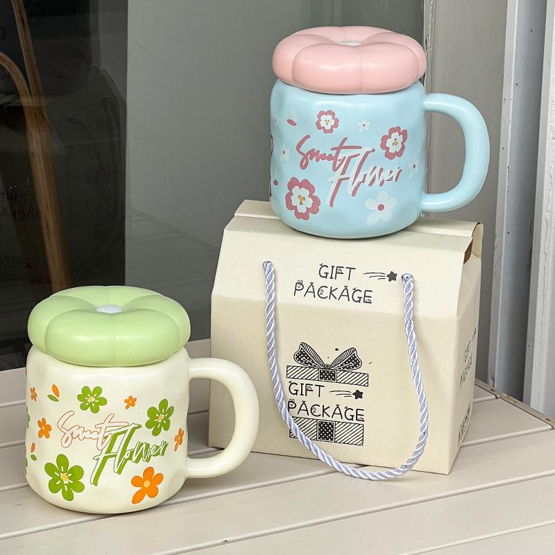 Cute Ceramic Cup with Lid High Value Ins Style Household Couple Water Cup Gift Box Creative Hand Gift Mug