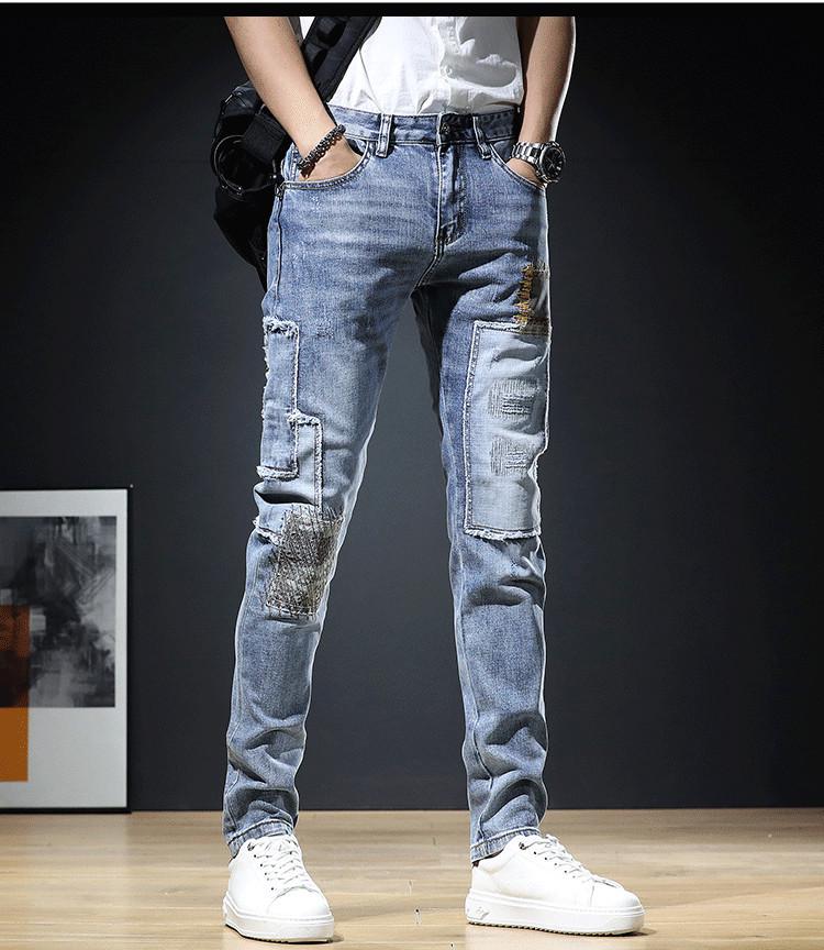 Men's Korean Style Patchwork Skinny Jeans - Spring & Autumn Trendy Nine-Point Casual Pants