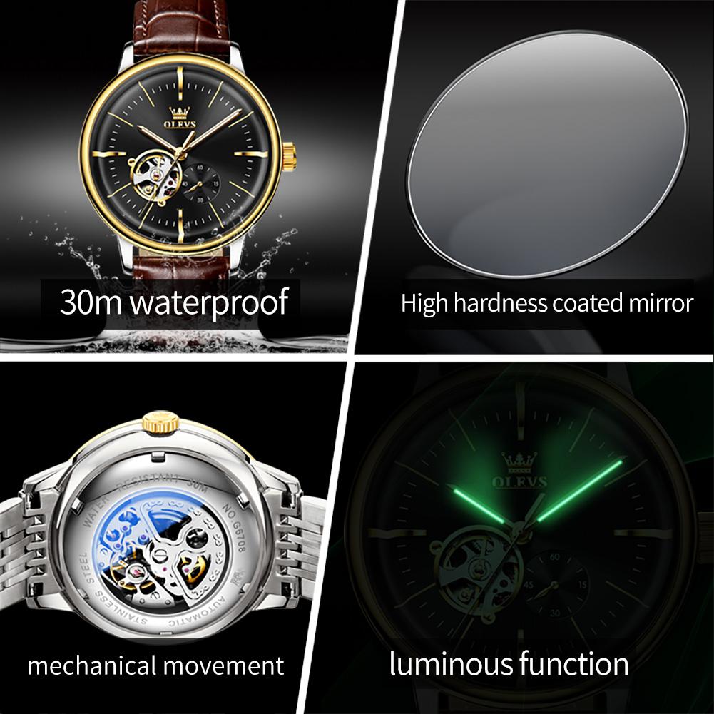 OLEVS Original Mechanical Wristwatch for Men Luxury Simple Hollow Out Automatic Men's Watches Chronograph Waterproof Man Watch