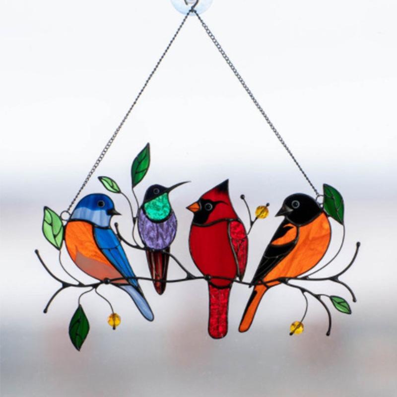 Stained Glass Birds Home Room Window Panel Hanging Suncatcher Decor Balcony