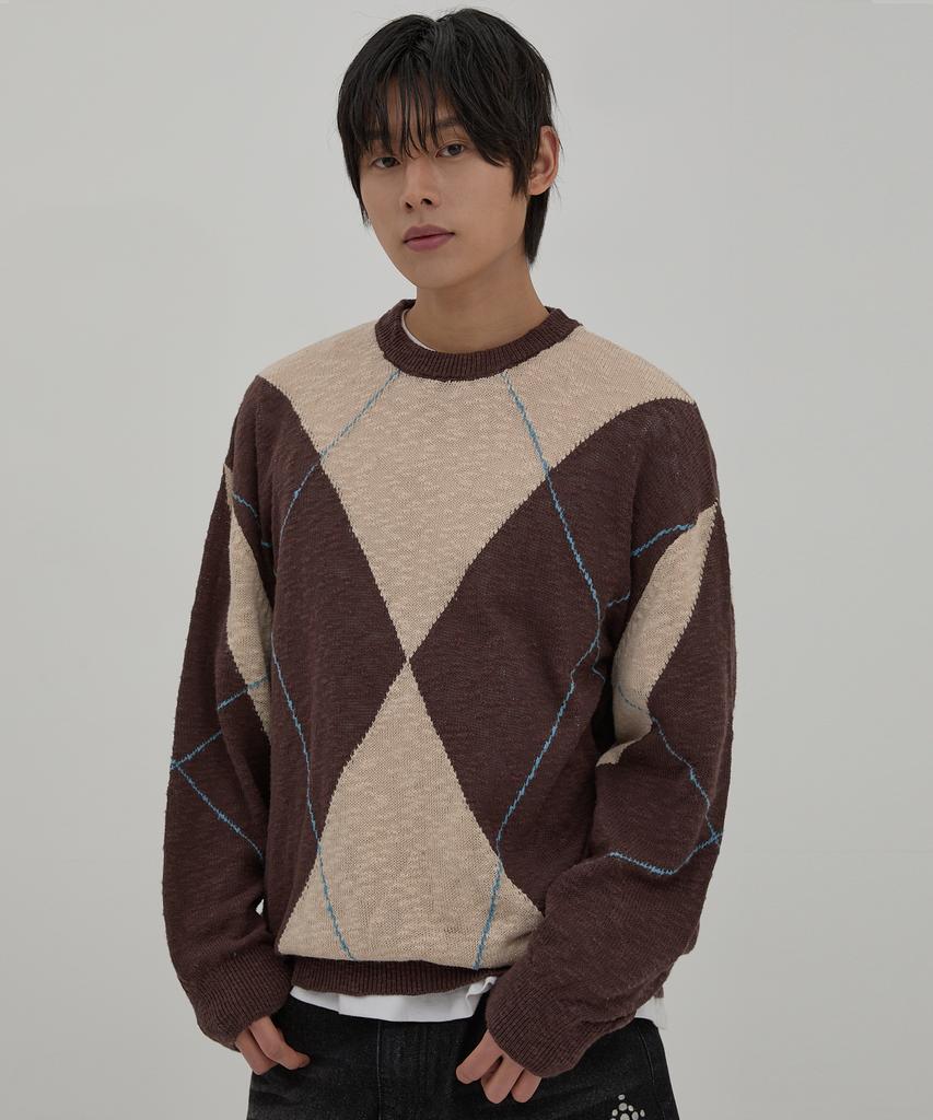 WAIKEI Big Argyle Boucle Knit Beige
