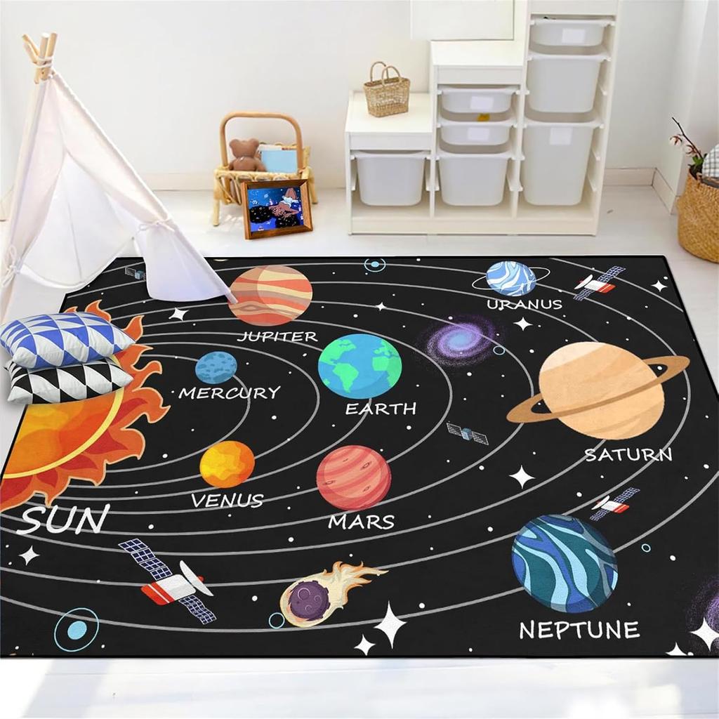 Space Rug - Space Rug for Boys Room Cartoon Solar System Carpet Educational Learning Carpet for Playroom Planet Themed Mat