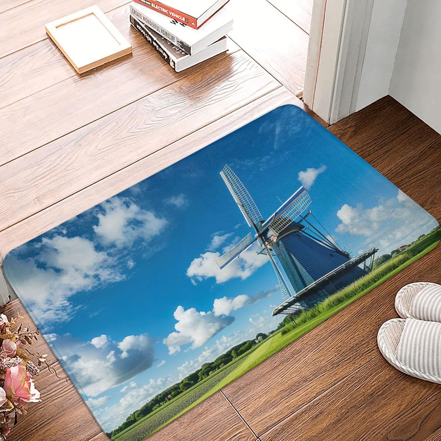 

Windmill Blue Print Front Door Rug for Indoor Outdoor Entrance,Welcome Mat with Flannel Fabric 40x60cm
