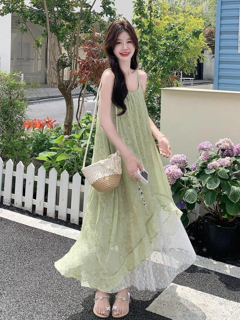 Green Mori floral suspender dress women's summer new French seaside vacation chiffon irregular long dress