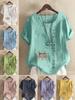 Women's Fashion Letter Print Round Neck Short Sleeve T-shirt Casual Cotton Linen Graphic Shirt Leisure Loose Summer Blouse Tops