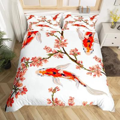 Koi Fisch Bettbezug Set Karpfen Batik Bettwäsche Sets Traditionelle Chinesische Tuschekunst Tagesdecke Lotusblatt Natur Quiltbezug Doppelgröße