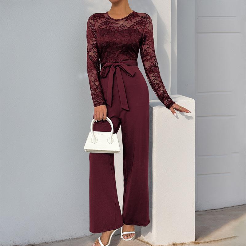 New Jumpsuit Lace Spliced Zipper Lace Solid Color Loose Jumpsuit