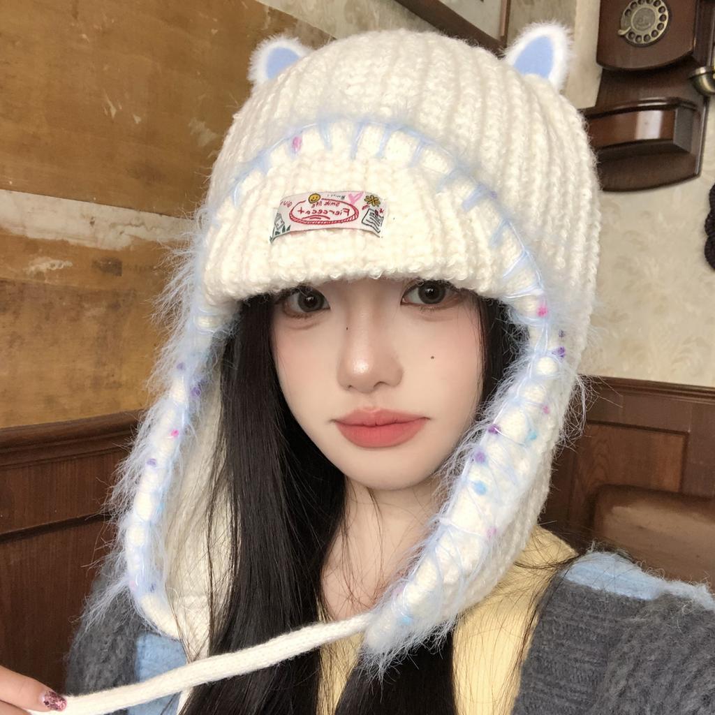 Cute cat ears ear protection knitted wool hat women's warm Lei Feng hat big head circumference cold protection pullover hat
