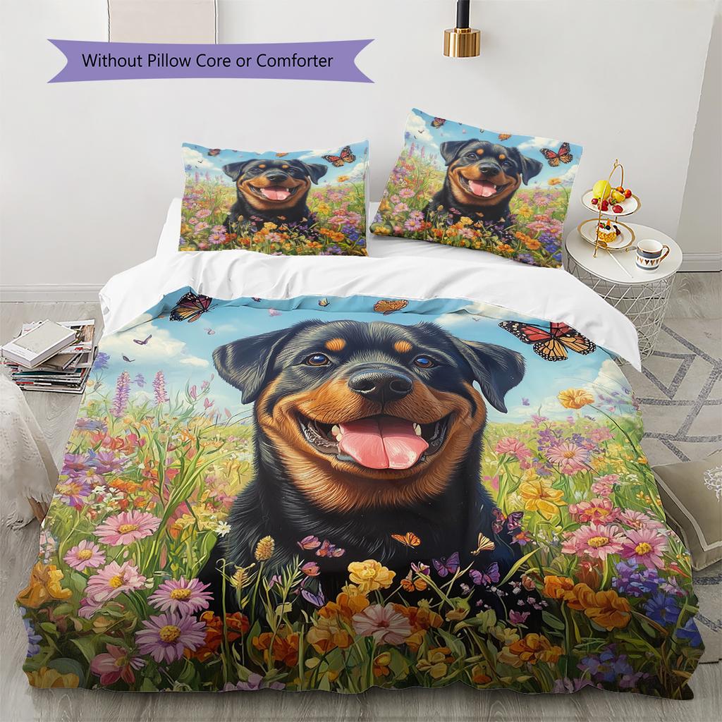 Rottweiler and garden Pattern Bedding Home Decoration Birthday Gift (1 * duvet cover + 2 * pillowcase, without core)
