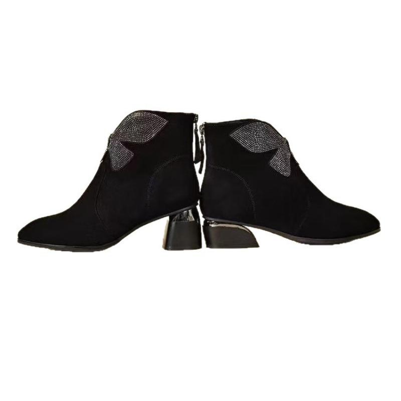Suede Pointed Thick Heel Short Boots Women's Autumn and Winter Fashion Velvet Low Heel Frosted Leather Rhinestone Bow Versatile Boots