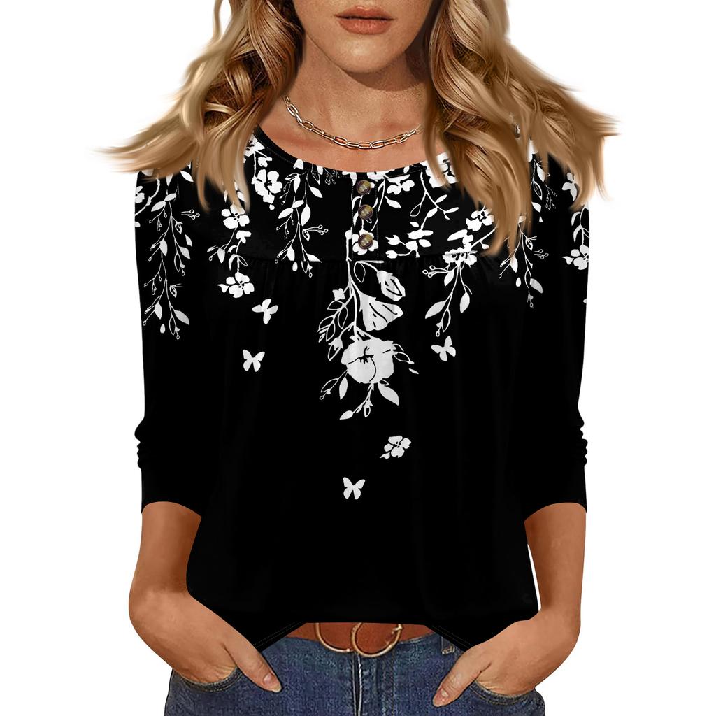 Women's Fashionable Casual Floral Print Three-quarter Sleeve Top