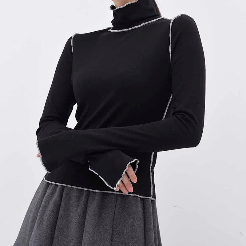 Dámský bílý rolák s ozdobným prošíváním, vysoce elastické slim tričko, nový módní rolák s dlouhým rukávem, jarní/podzimní crop topy