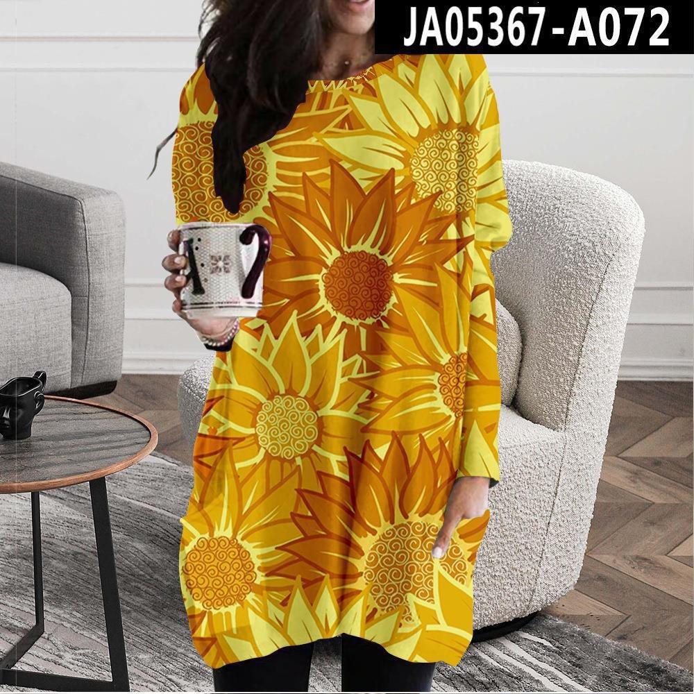2026 new sunflower printing loose medium and long dress women s cross-border casual fashion 3D printing dress cross-border S