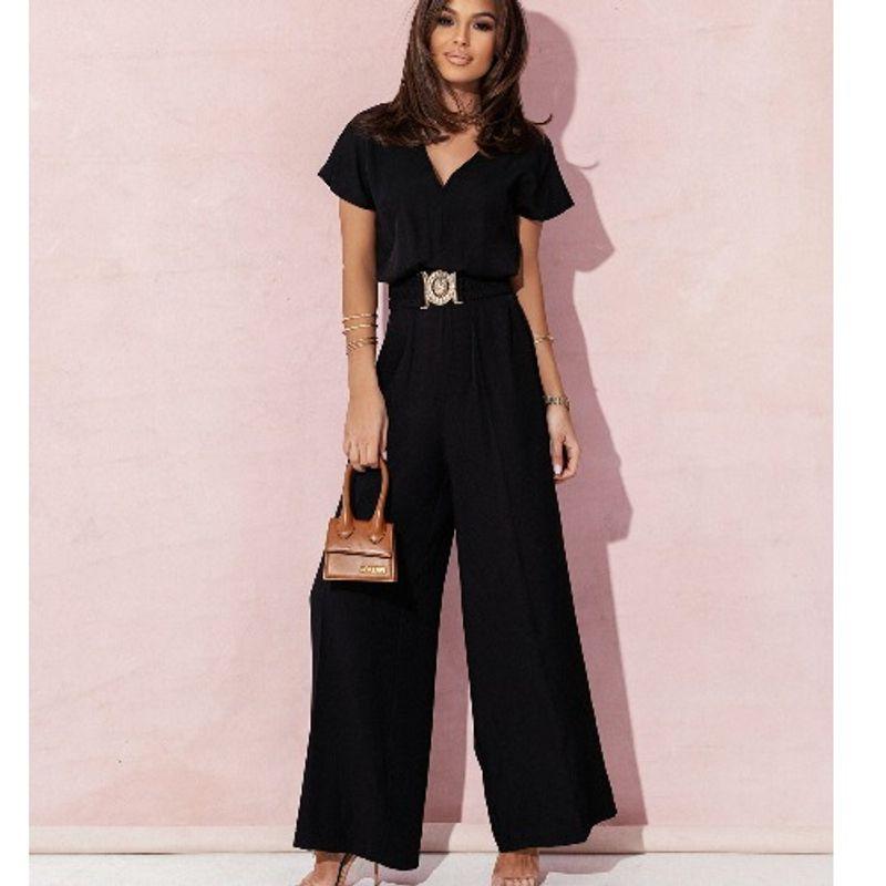 Fashion Spring/Summer New V-neck Fashion Temperament Pure Color Minimalist Loose Wide Leg Short Sleeve One-Piece Pants Jumpsuit