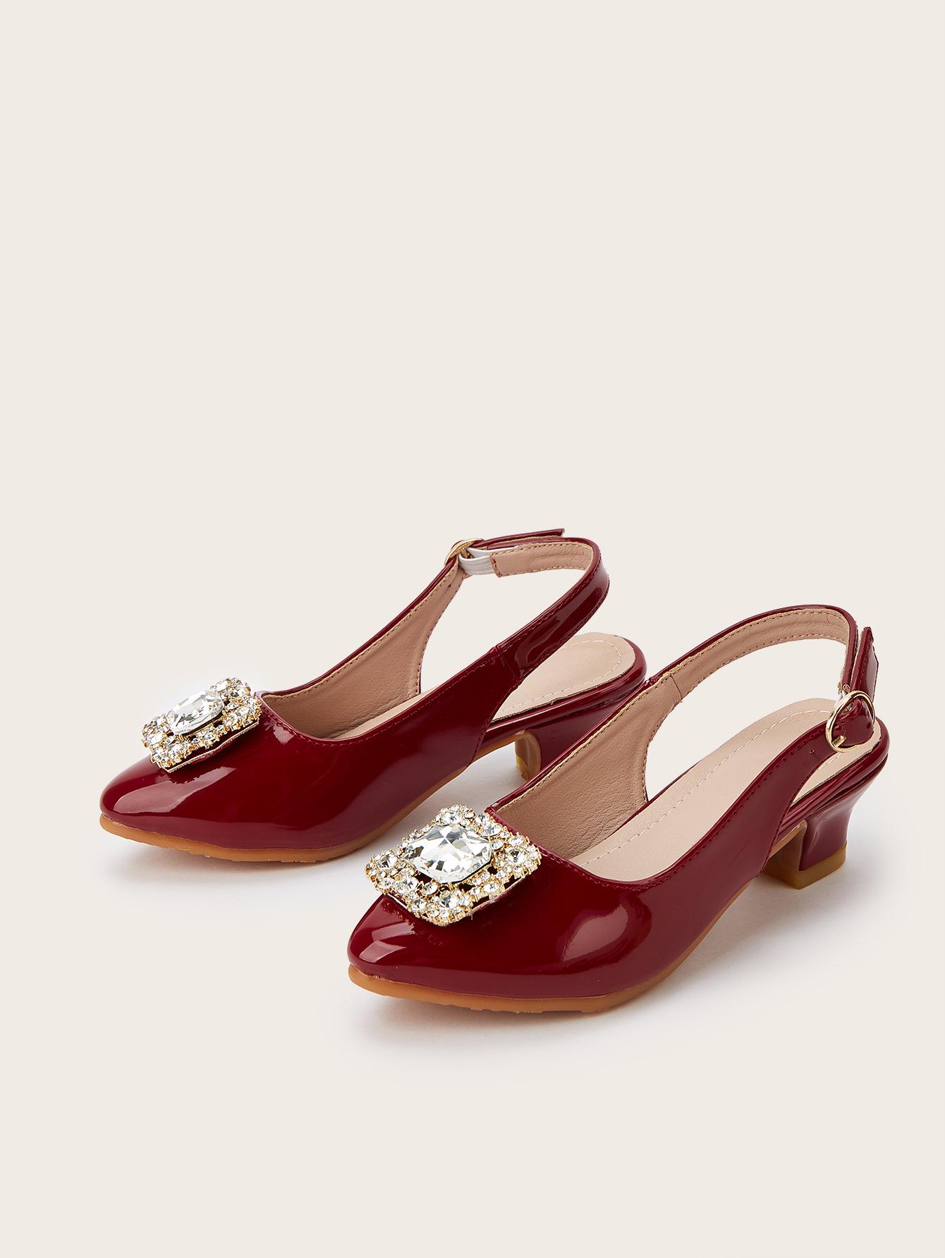 

2025 Женская мода Туфли-лодочки с острым носком и пряжкой из стразов для девочек 33 красный