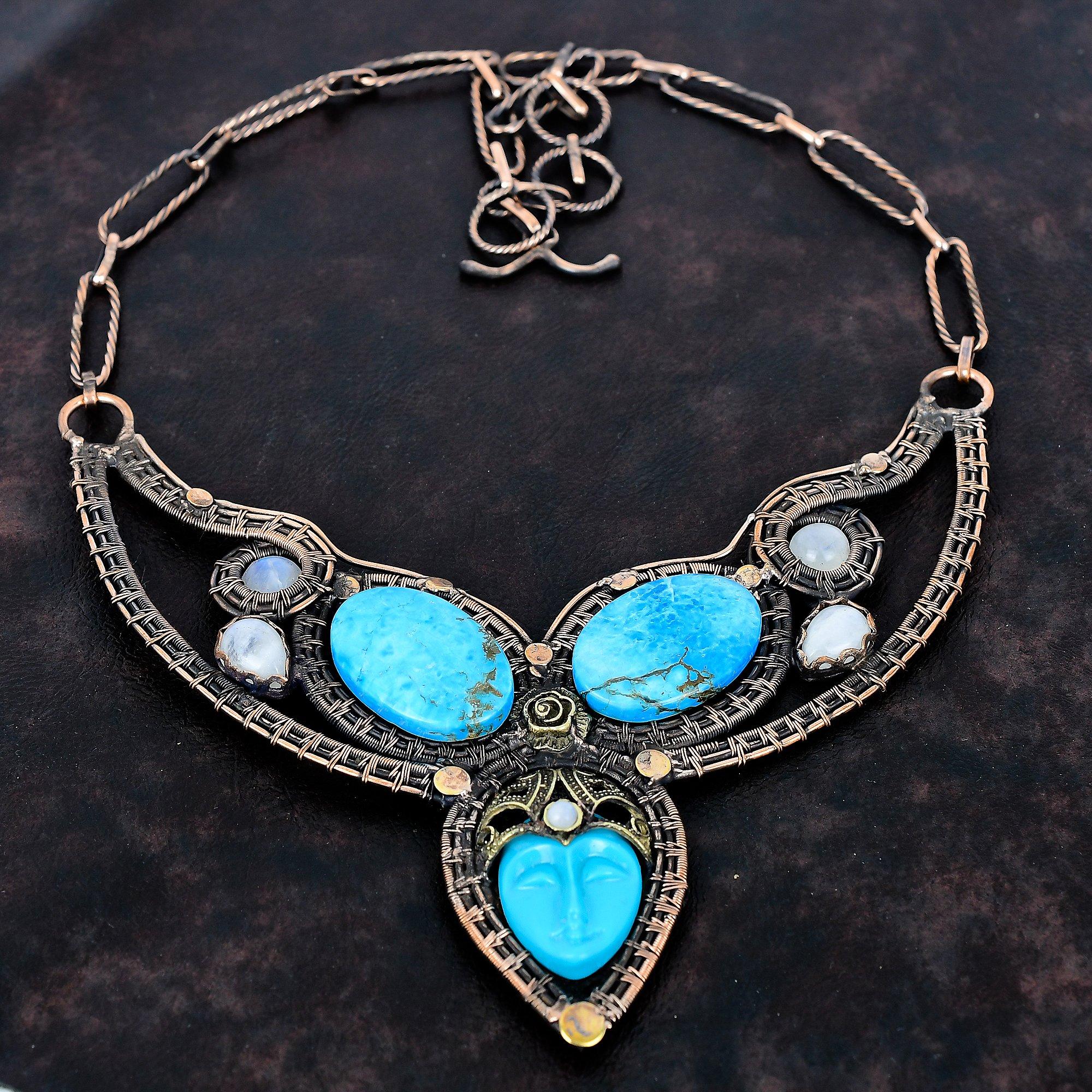 

Ожерелье с синим резным лицом из кости, ожерелье с бирюзой и лунным камнем, украшения, обмотанные медной проволокой, ожерелье с регулируемой цепочкой, подарки для мамы Adjustable