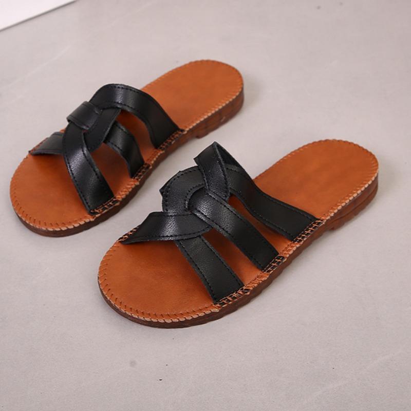 Weiche Sohlen Hausschuhe Sommer Neu Runde Spitze Offene Zehe Kreuz Dünner Riemen Kombination Anti-Rutsch Abriebfest Flache Schuhe