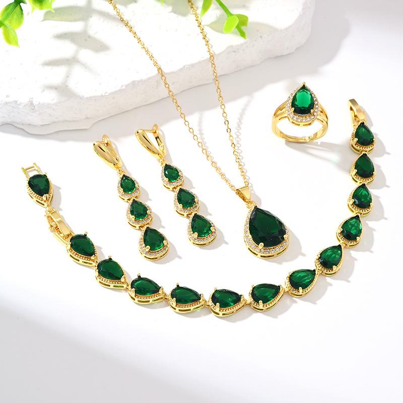 

2025 Zircon Waterdrop Three-Piece Necklace Earrings Ring Set Multicolor Bride Wedding Fashion Jewelry 45cm