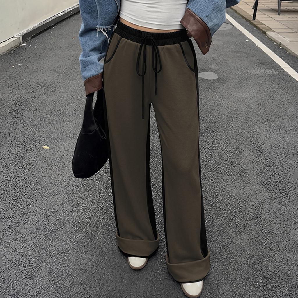 Women's Color-Block High-Waist Elastic Waist Casual Pants with Pockets for Work and Everyday Wear