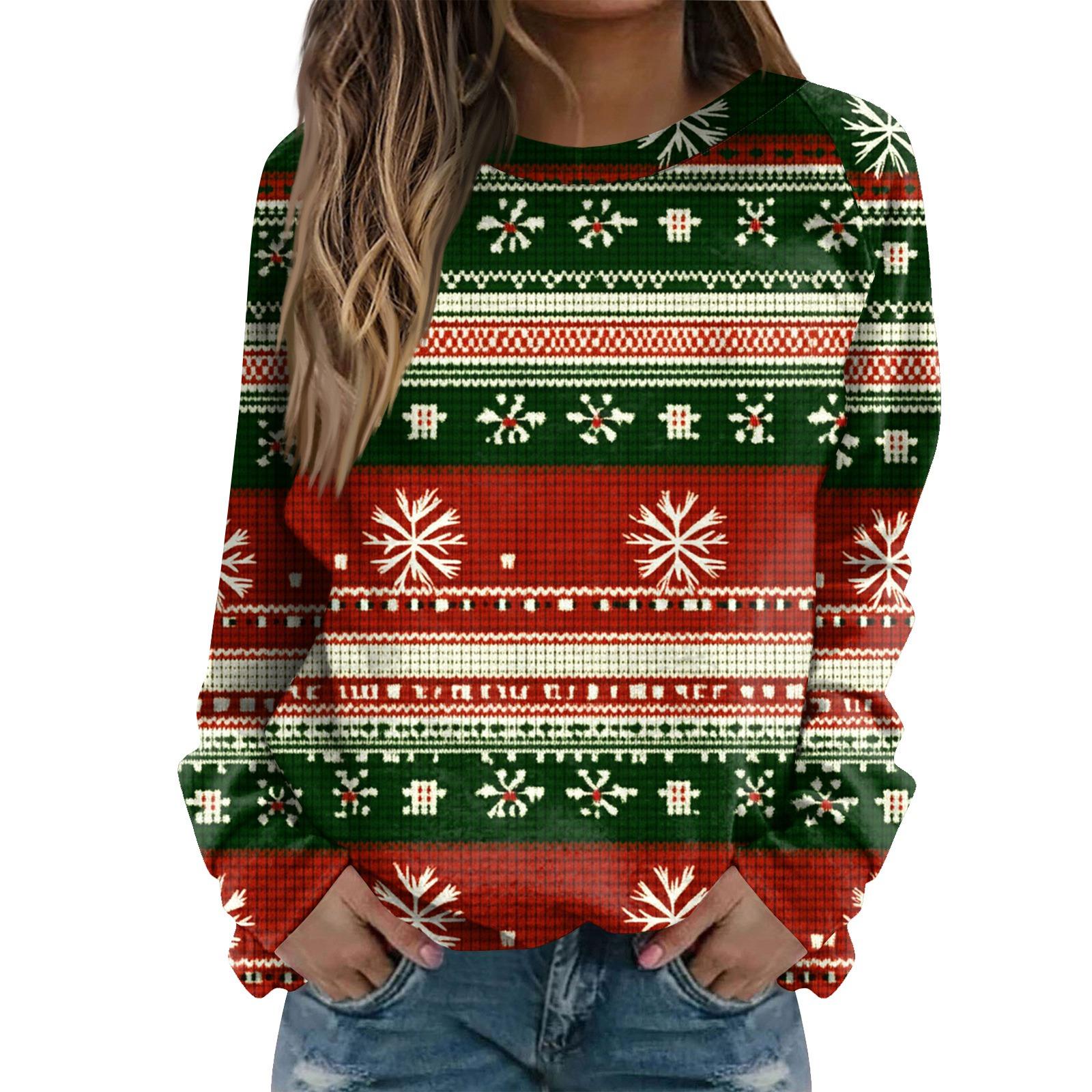 

Женская модная повседневная толстовка с длинным рукавом и рождественским принтом на шее M зелёный