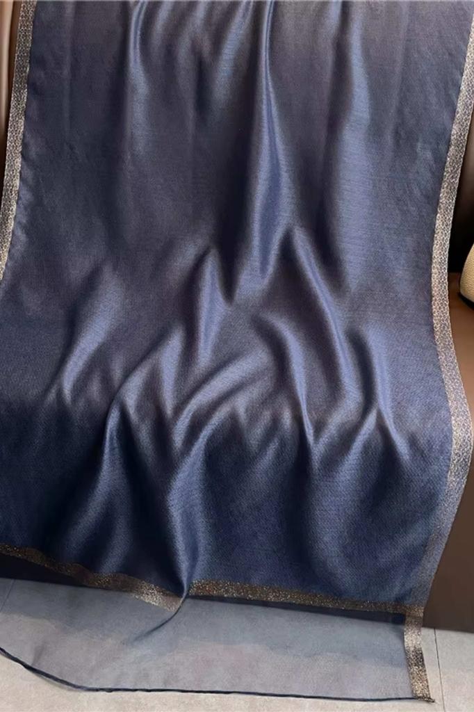 Navy Blue Shawl with Shine - Silk and Polyester, 180X70
