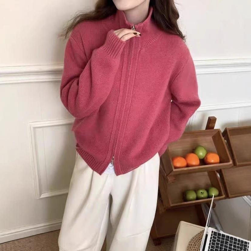 Women's Long Sleeve Sweater Stand Collar Lazy Style Knit Cardigan Zip Up Casual Outerwear