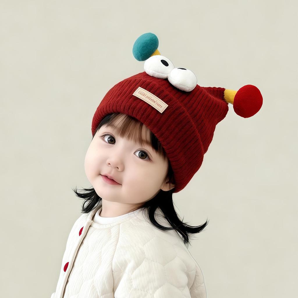 Festive Red Winter Knit Pullover Hat for Kids - Thick, Warm & Windproof with Ear Protection