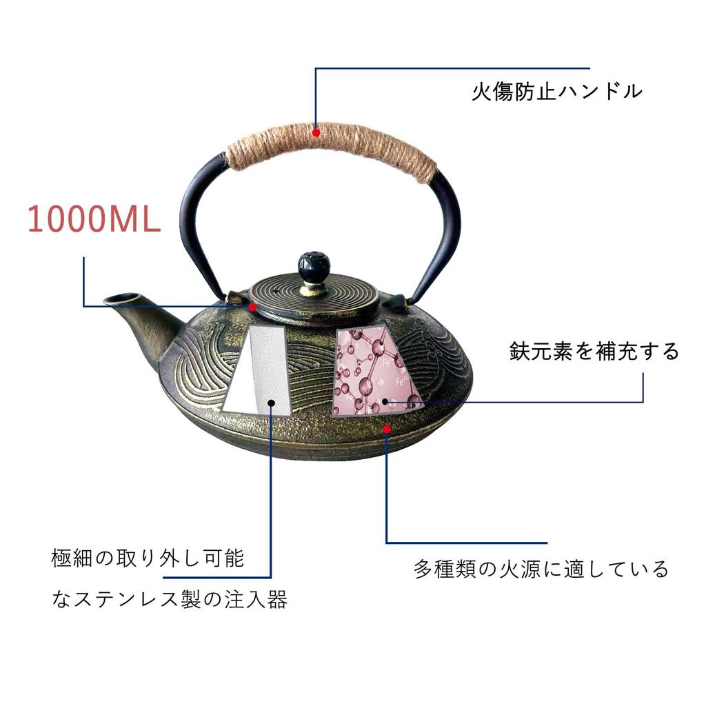HwaGui Nanbu Ironware Teapot, Stylish IH Compatible, Iron Supplement, Teapot with Tea Whisk, 1000ml (Ocean Waves)