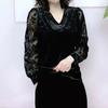 Elegant Black Velvet and Lace Long Sleeve T-Shirt with Sheer Lace Patchwork and Diamond Embellishments