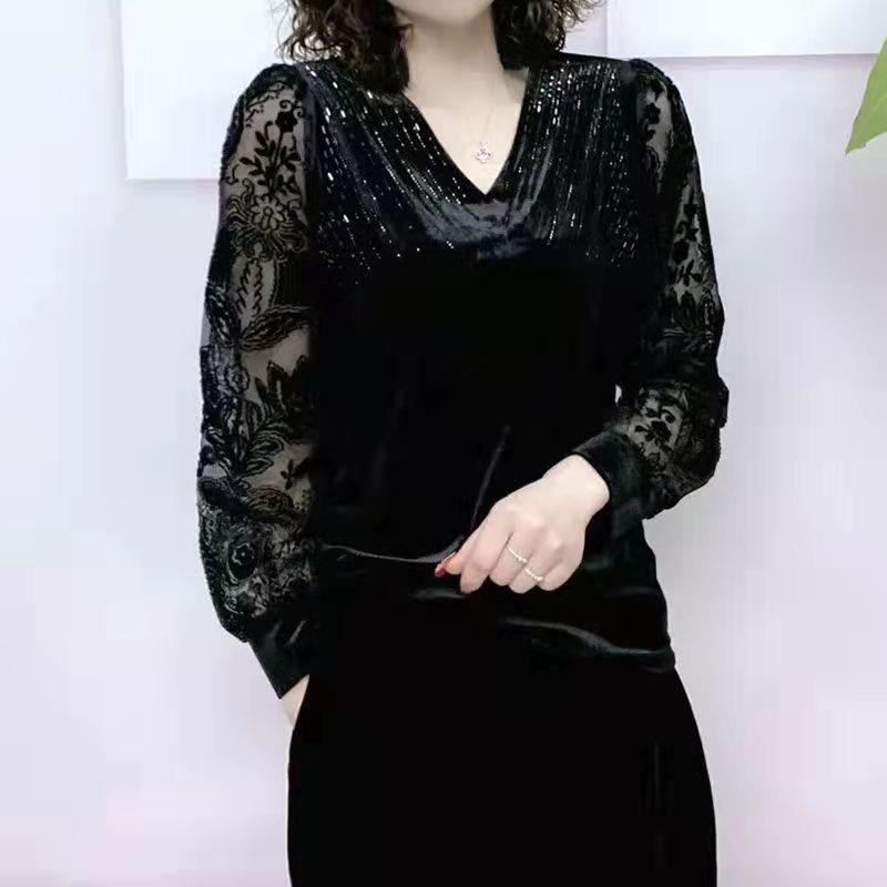 Elegant Black Velvet and Lace Long Sleeve T-Shirt with Sheer Lace Patchwork and Diamond Embellishments