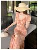 2026 Slimming Pink Floral Lace-up Beach Dress: Women's French Summer Spaghetti Strap