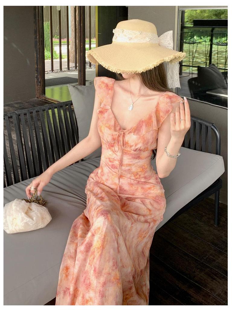 2026 Slimming Pink Floral Lace-up Beach Dress: Women's French Summer Spaghetti Strap