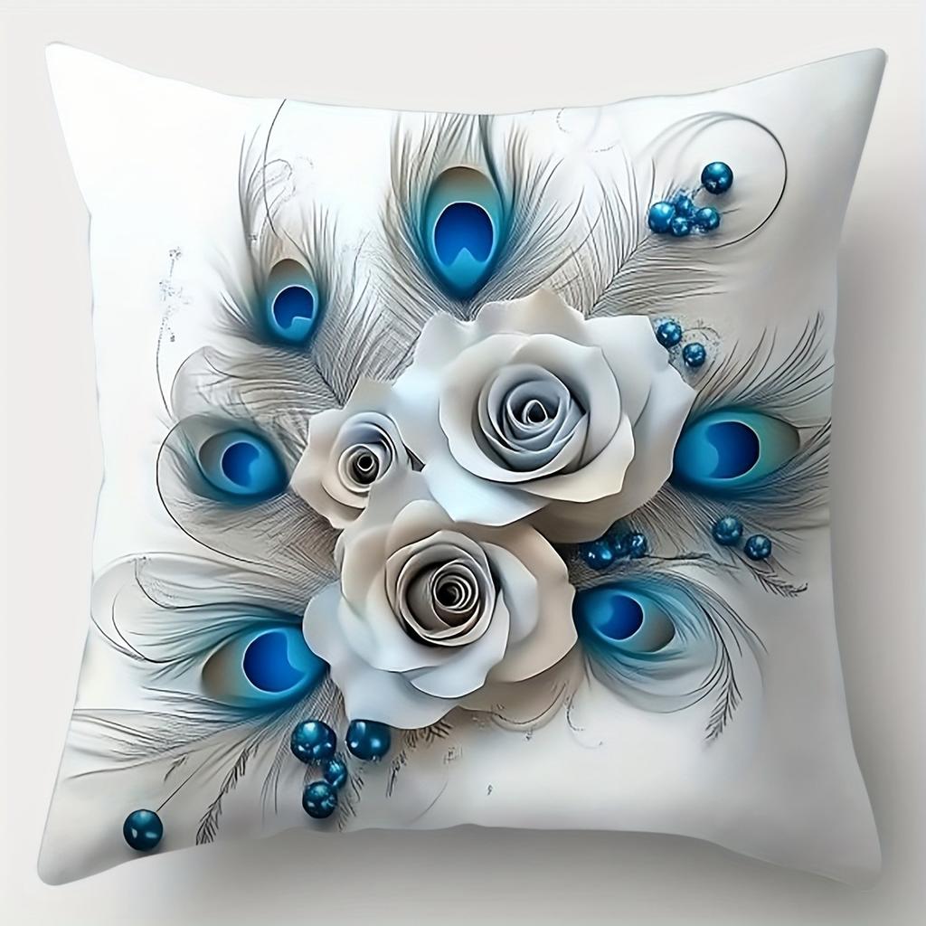 Blauer Pfau Floral Luxusmuster Heimdeko Kissenbezug Wohnzimmer Sofa Polyester Kissenhülle Mit Reißverschluss