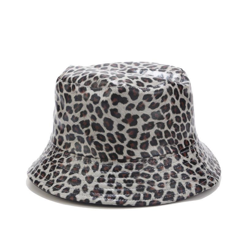 

Womens Pu Leather Fisherman Cap With Classic Wide Brim And Leopard Print For Casual Outings Gray