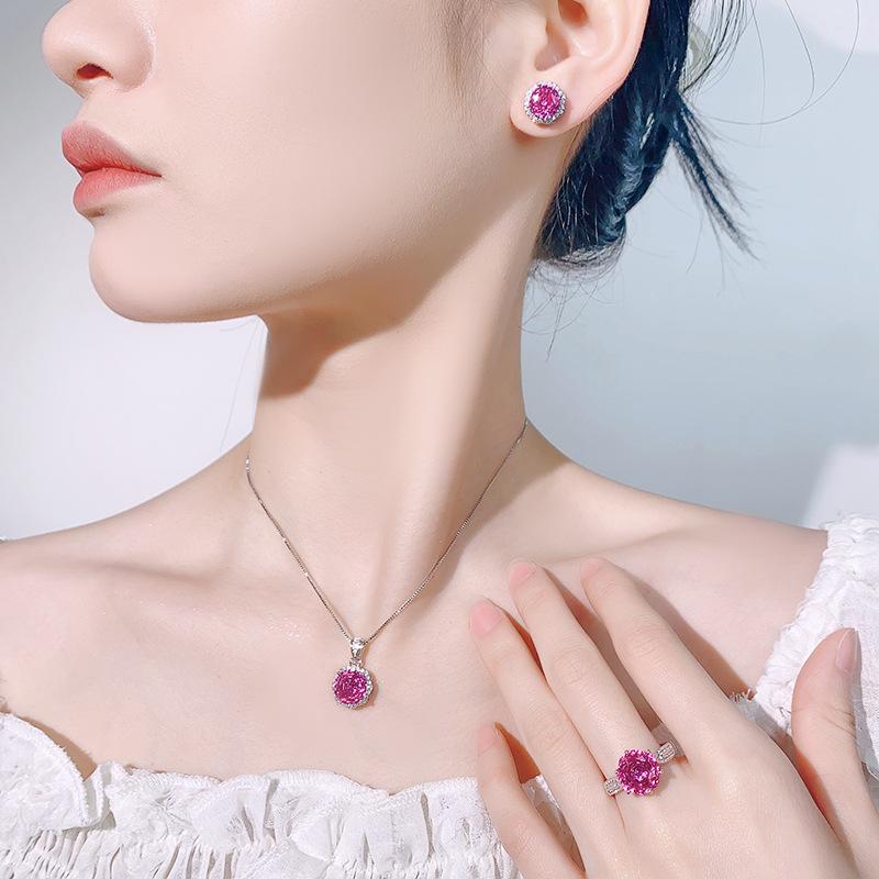Set, Stud Earrings, Necklace, Ring, Octagonal Millennial Rose, Cut Rose Red, Simple And Versatile Piece For Women