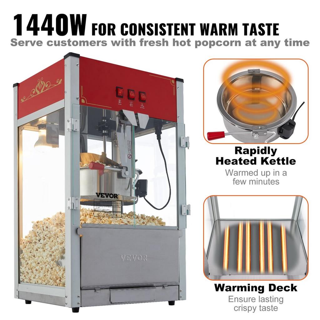 Popcorn Popper Machine Countertop Popcorn Maker 1440W 12 Oz 80 Cups Red