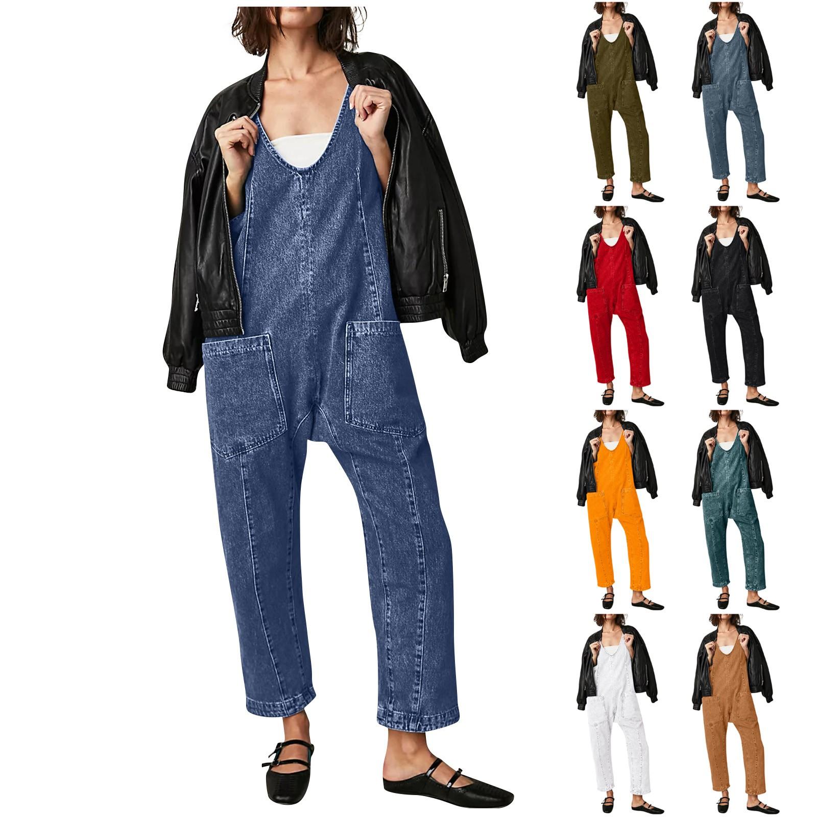 

Женский модный однотонный джинсовый комбинезон с V-образным вырезом и карманами, регулируемый ремень L хаки