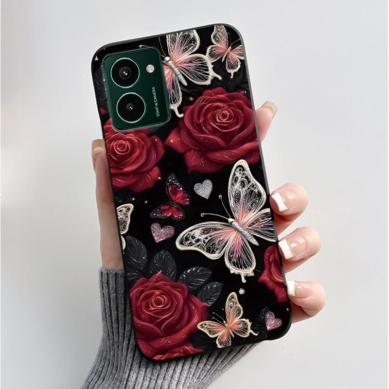 Custodia per Telefono Stampata Per Nokia HMD Pulse PRO/HMD Pulse/HMD Pulse+ Cover Guscio Nero in Morbido Silicone Custodia Carina con Fiore Cartone Animato