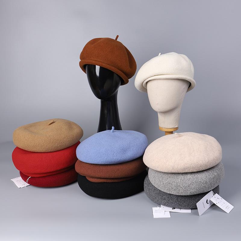 Winter Warm High Quality Australian Wool Roll Edge Beret Cap Women'S Winter Elegant Dome Solid Color Wool Painter Hat