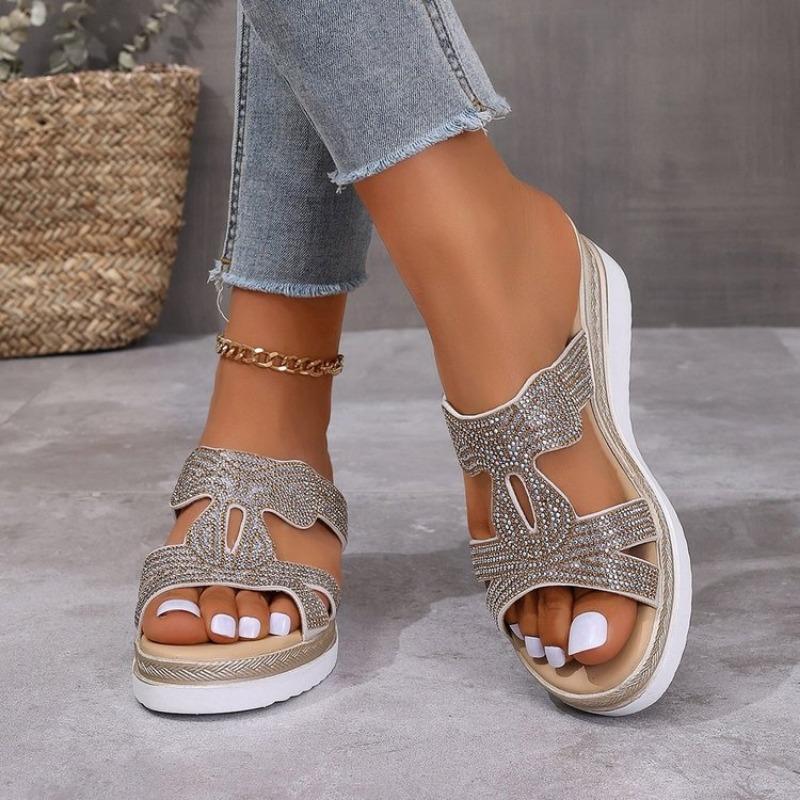 Large size wedge slippers women's summer sequined rhinestone lightweight outer slippers