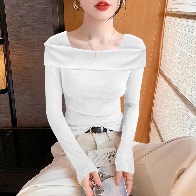 Women's Knitted Top with One Collar Spring and Autumn Design T-shirt Women's Interior Bottom Shirt