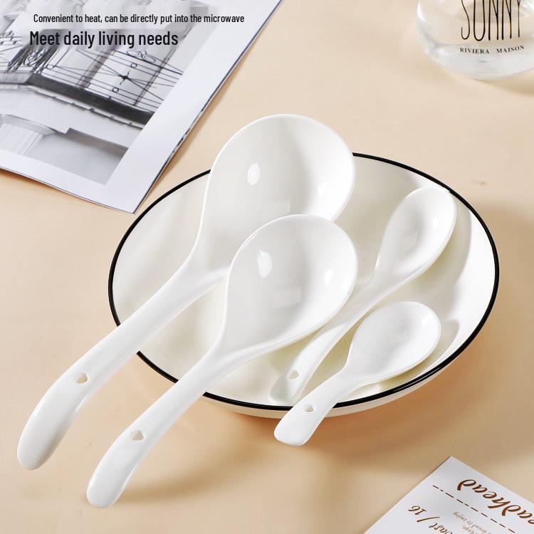 Pure White Ceramic Soup and Condiment Spoons, Extended Handle, Set of 100