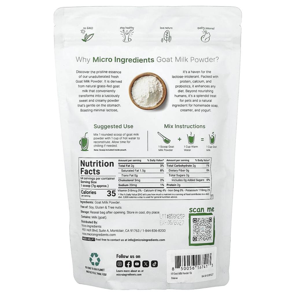 Micro Ingredients, Goat Milk Powder, , 454g(1lbs)