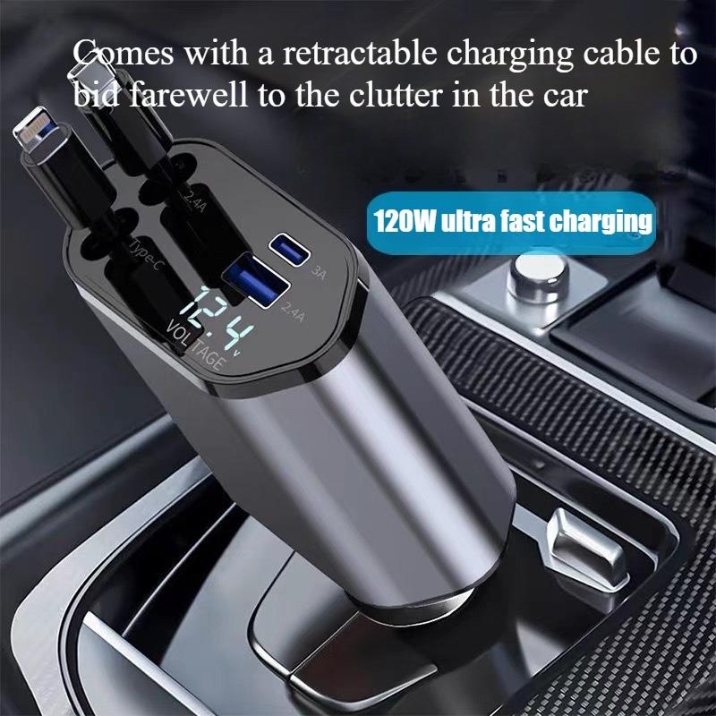 120W Universal Car Charger Super Fast Charging Retractable 4 in 1 Splitter Adapter Cigarette Lighter for Apple 15 Huawei Xiaomi