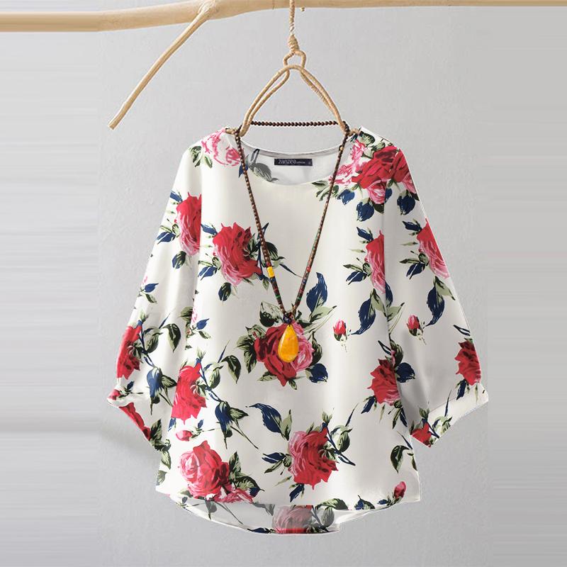 

ZANZEA Женская повседневная блузка с рукавом 3/4 и круглым вырезом с цветочным принтом 5XL белый