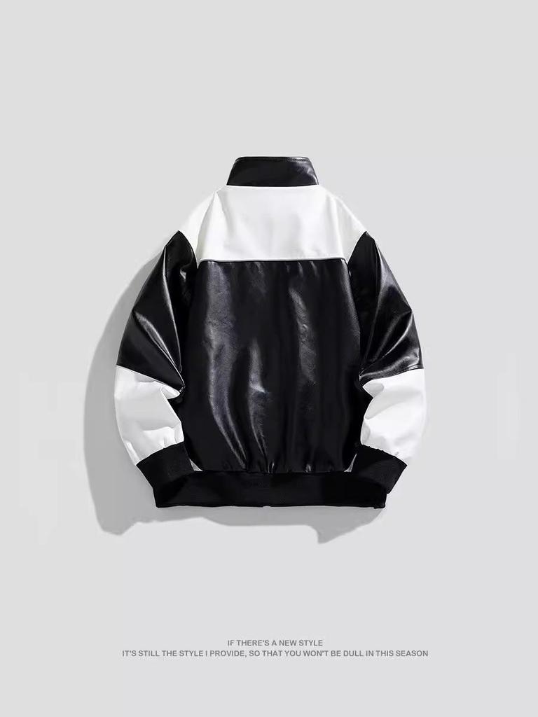 American Style PU Leather Men's Retro Motorcycle Jacket - Stand Collar, Color Block, Spring/Autumn Coat