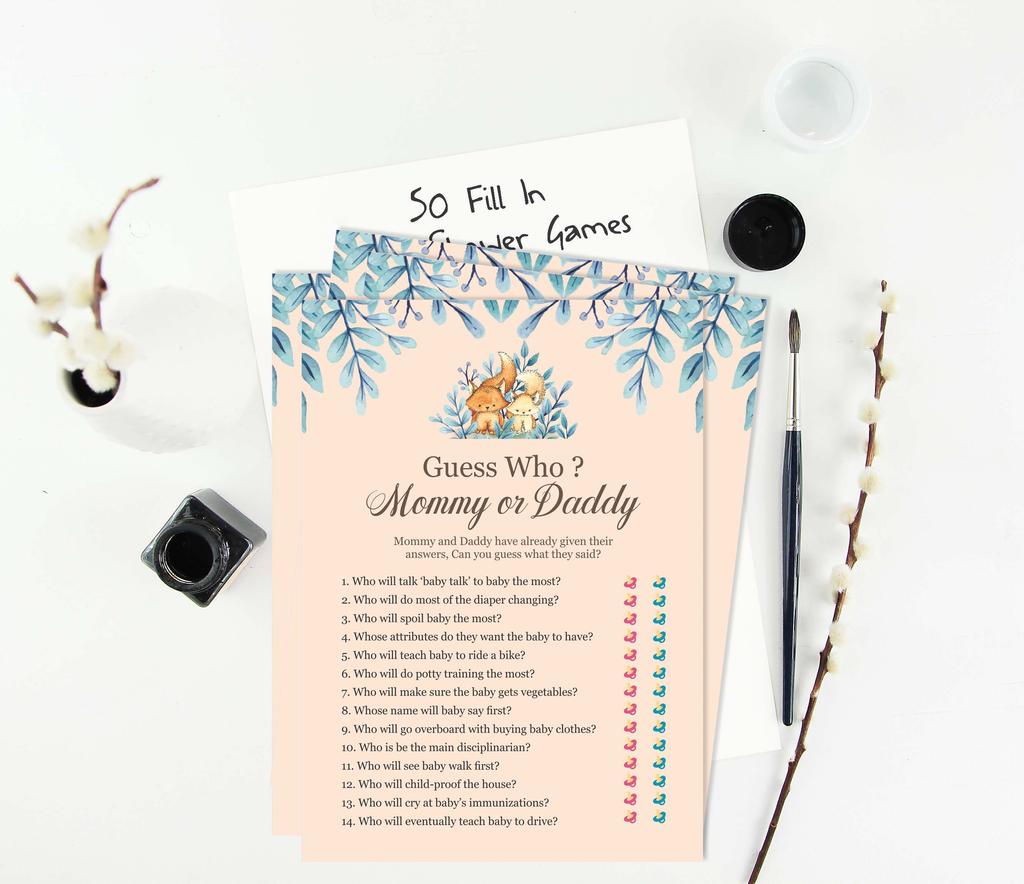 Inkdotpot Wer hat es gesagt Spiel Mama oder Papa 50 Blatt Lustiges Babyparty Spiel Geschlechtsneutral Fuchs Tiere Partyzubehör