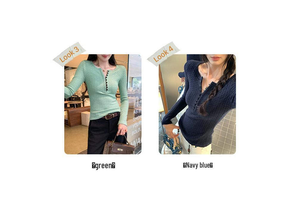 Henley Collar Cable Knit Slimming Base Layer Top for Women - Autumn/Winter Elegant Slim Fit Long Sleeve