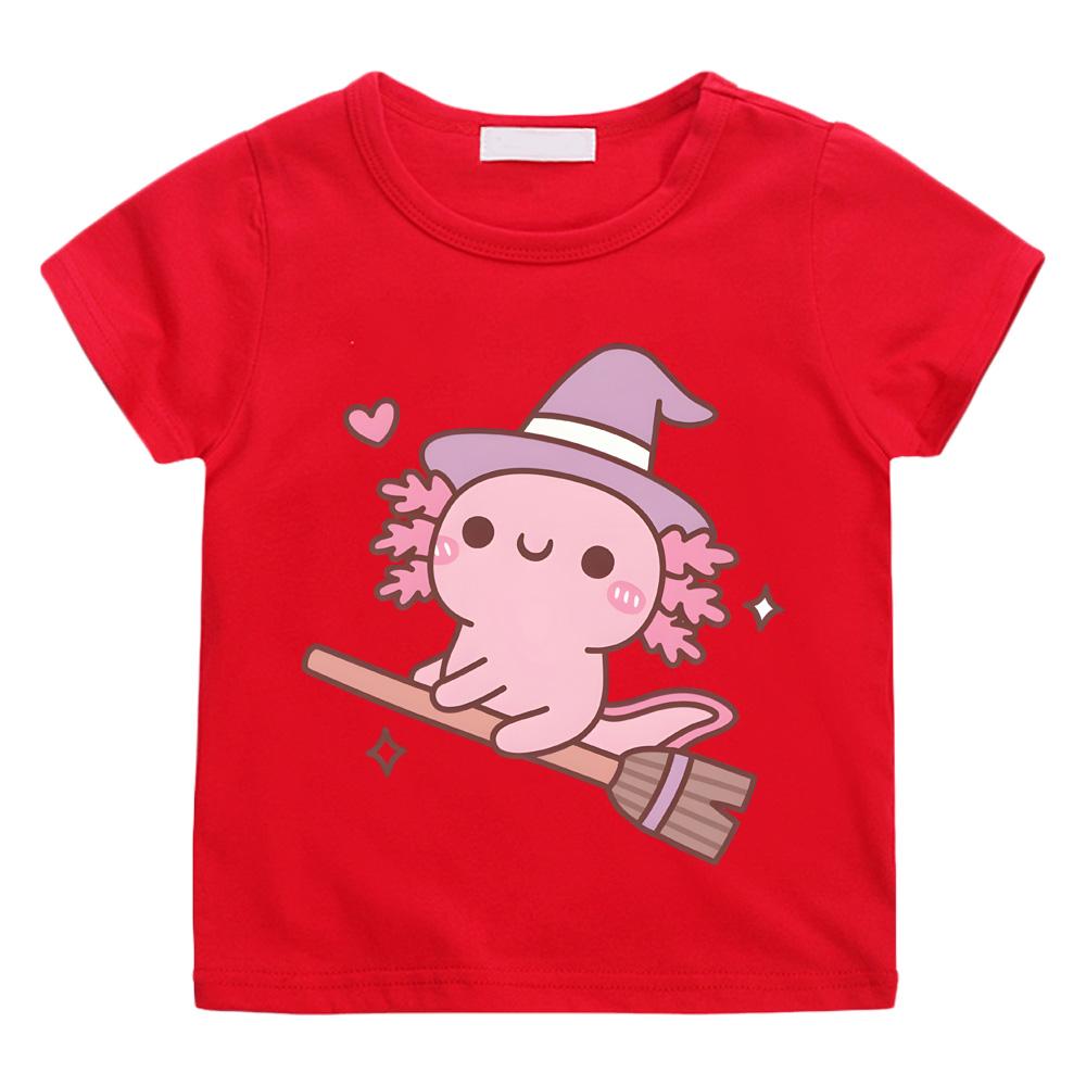 2026 New Style Cute Axolotl Witch Flying on A Broom T-shirts Boys Girls Children T Shirt Graphic Printing Tshirt
